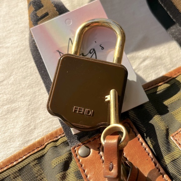 Fendi: Mini Padlock & Key Zucca FF Monogram Nylon Leather Brown Tote Bag *RARE* - Picture 8 of 17